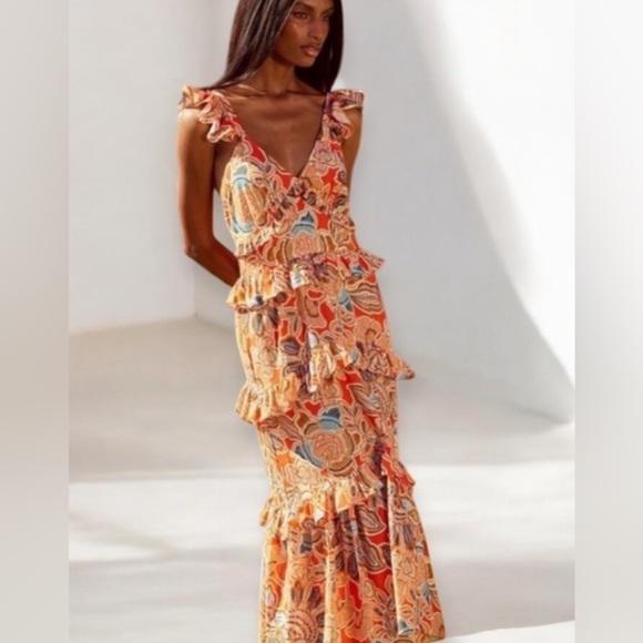 Misa Los Angeles Dresses & Skirts - Misa Morrison Sleeveless Floral Poplin Tiered Ruffle Midi Dress Sz M